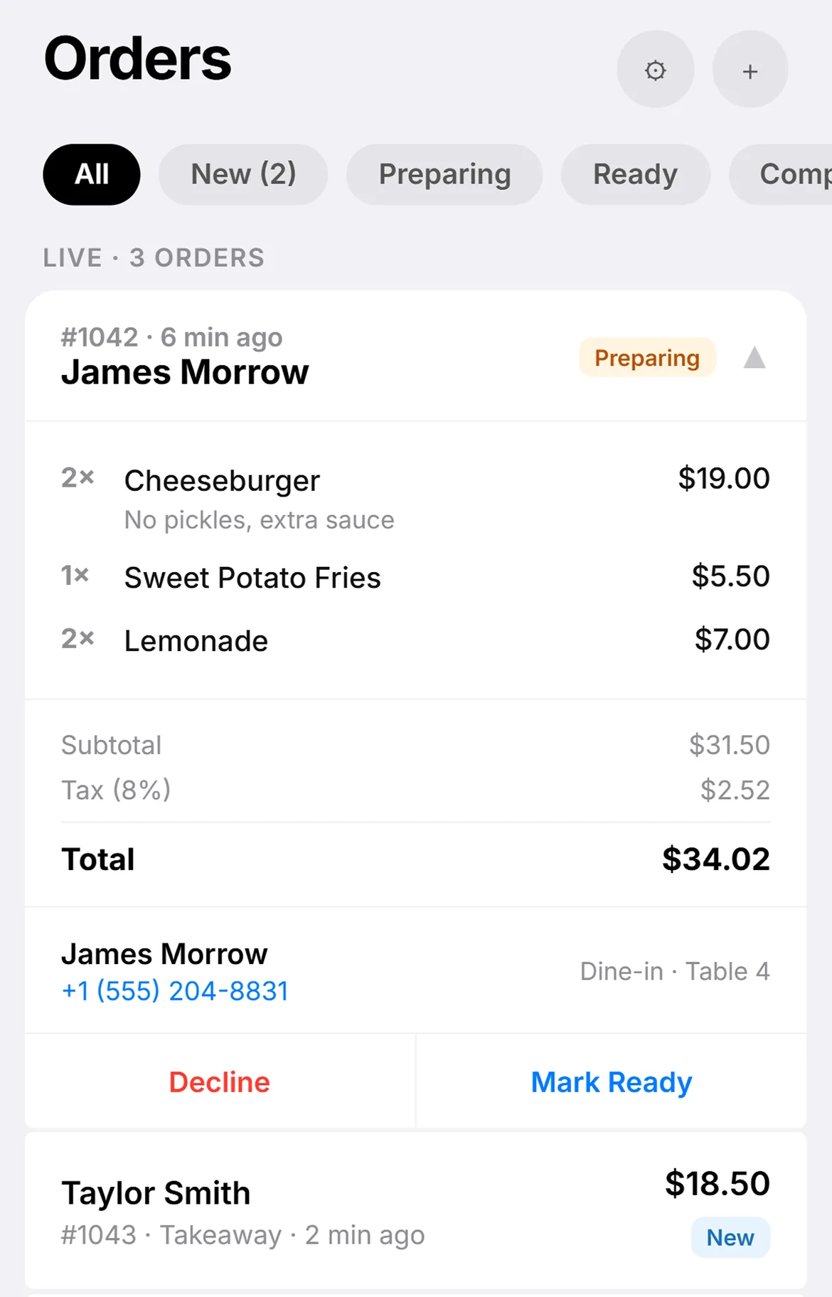 Mobile app order management dashboard